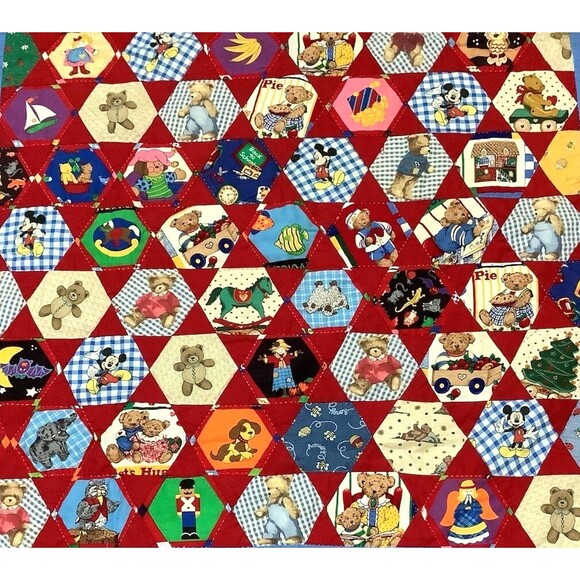 VTG Hand Quilted Mickey Mouse & Teddy Bears Patchwork Baby Nursery Quilt Blanket - Picture 4 of 6